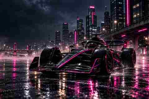 A pink and black race car on a wet city street at night