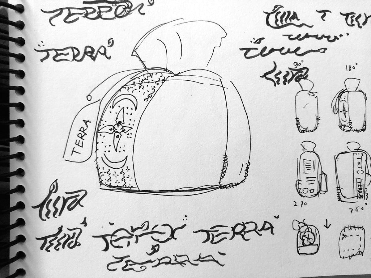 Sketch of the bag from several angles, with logo studies